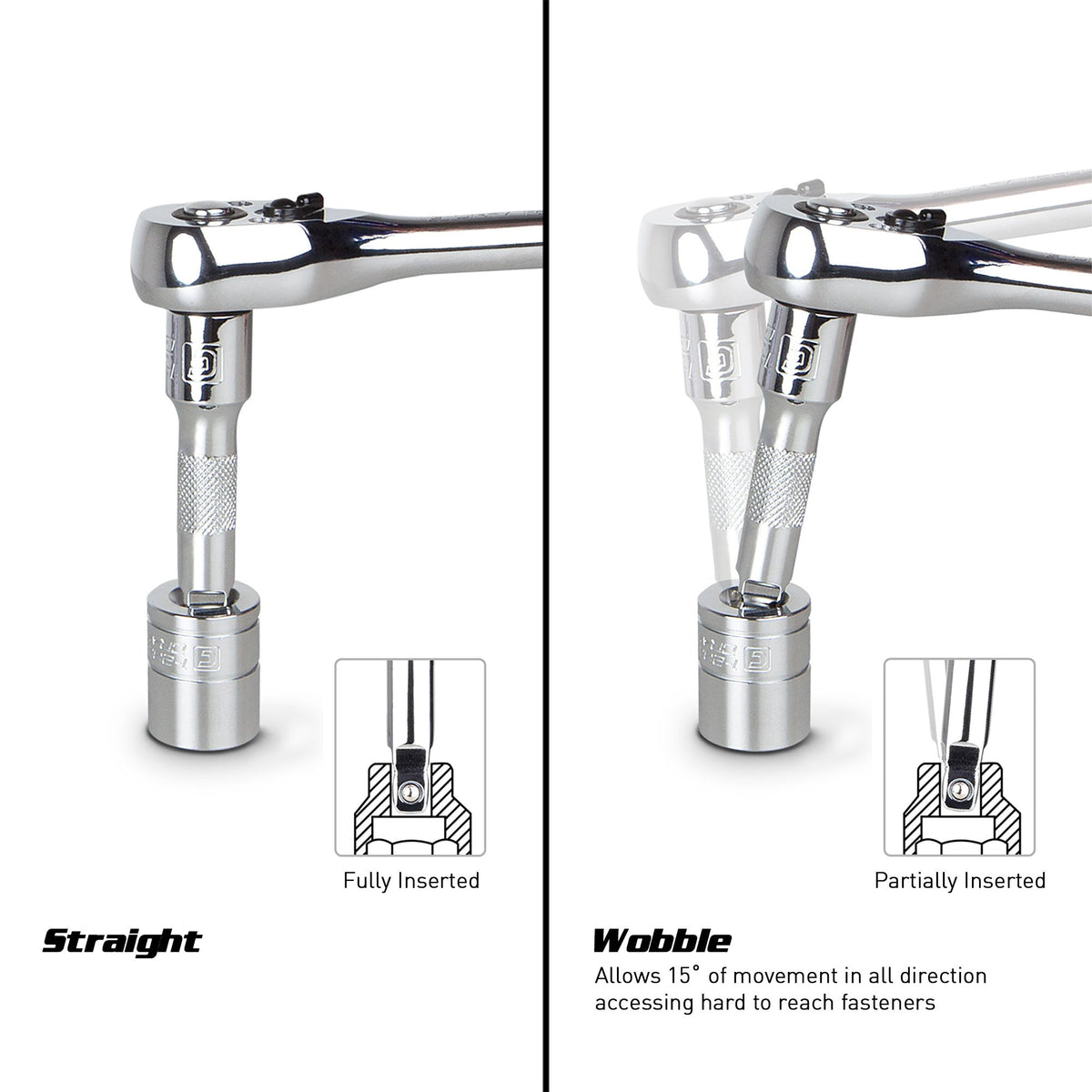 Capri Tools wobble extension bar 3-inch reach for tight-angle fasteners.