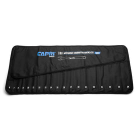 Capri Tools wrench roll with 19 pockets, front view, organized layout for metric wrenches.