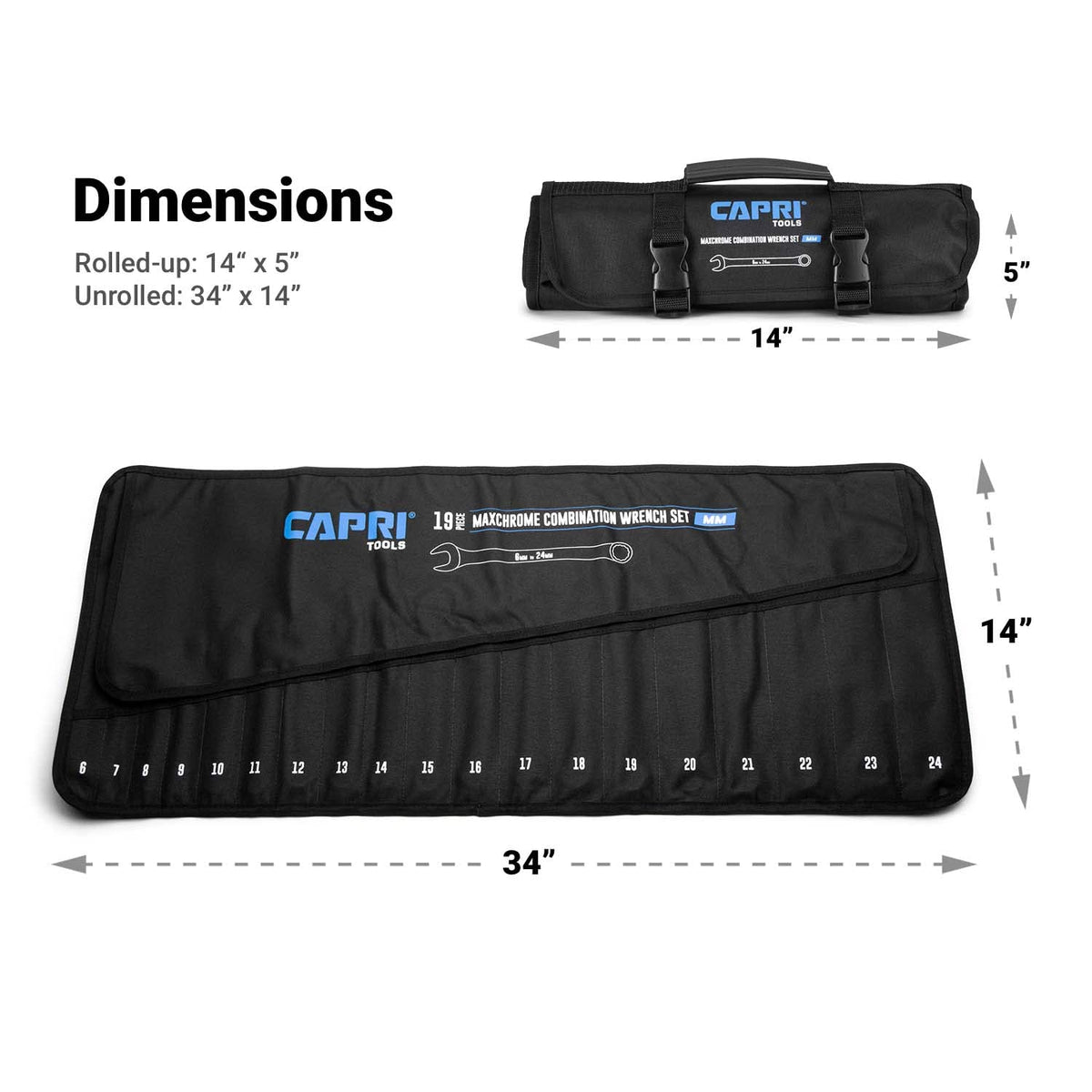 Capri Tools wrench roll in use with wrenches secured.
