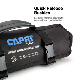 Capri Tools wrench roll opened by quick release buckles.