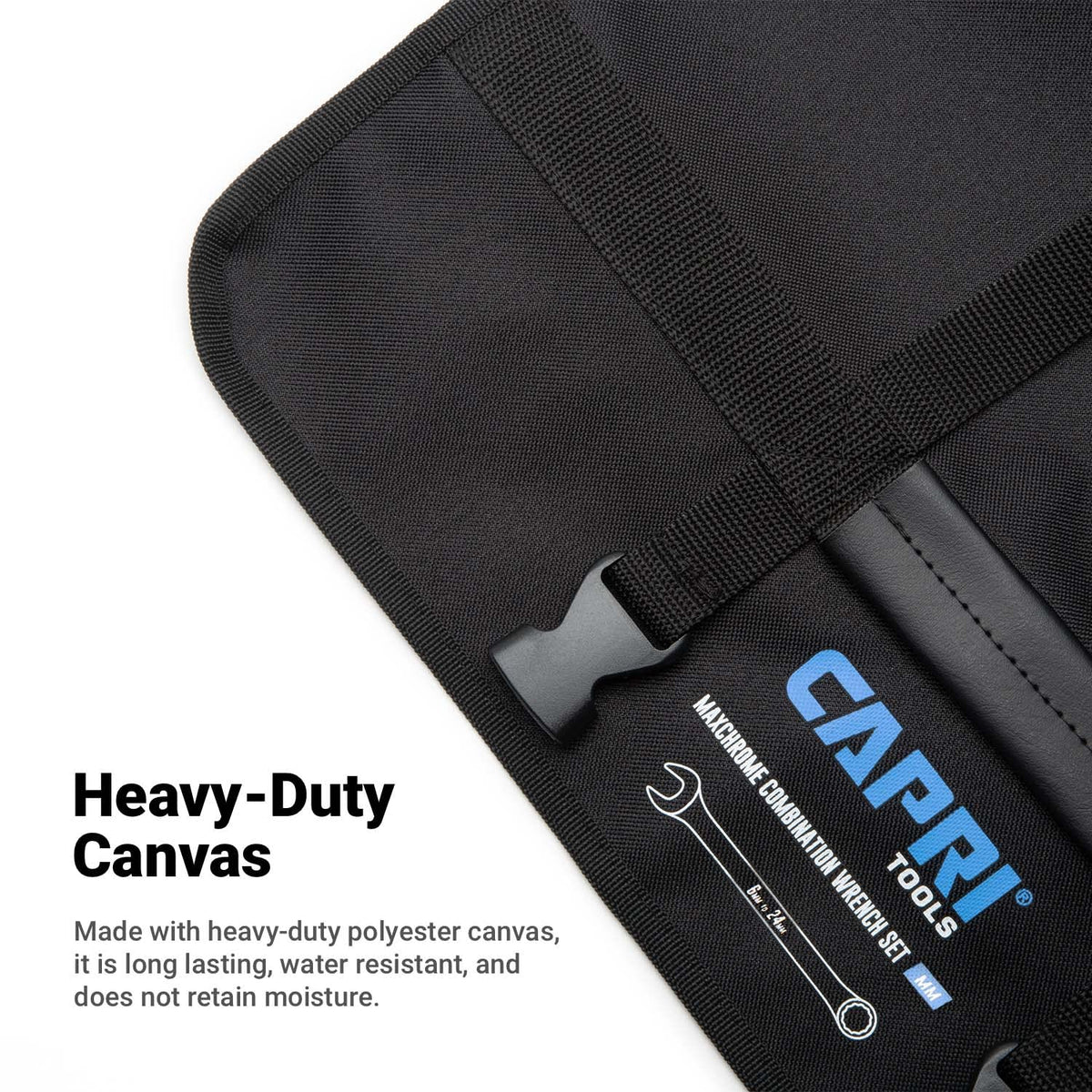 Capri Tools wrench roll rolled compact for easy storage.