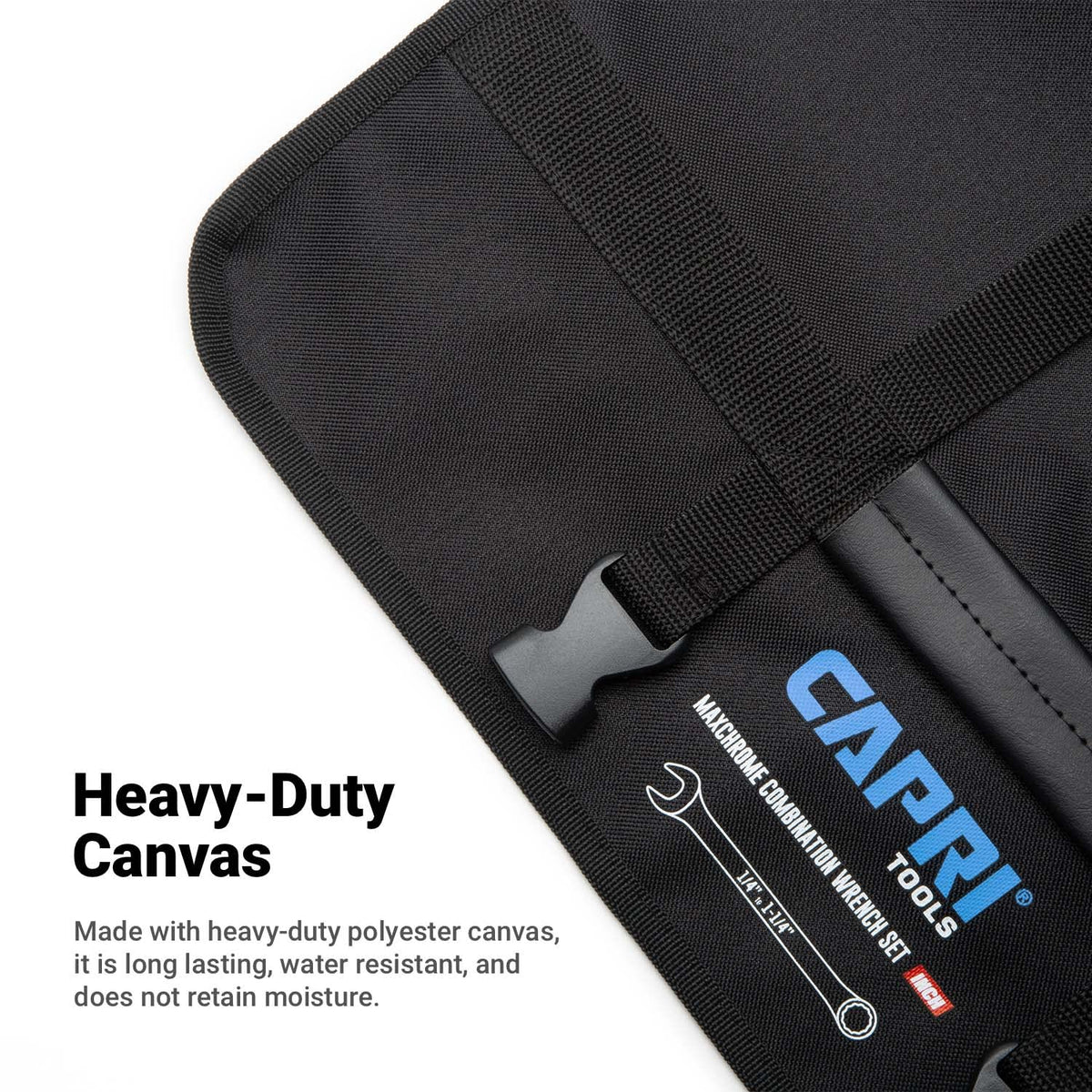Capri Tools wrench roll-up pouch with 17-pocket layout keeps sizes at a glance