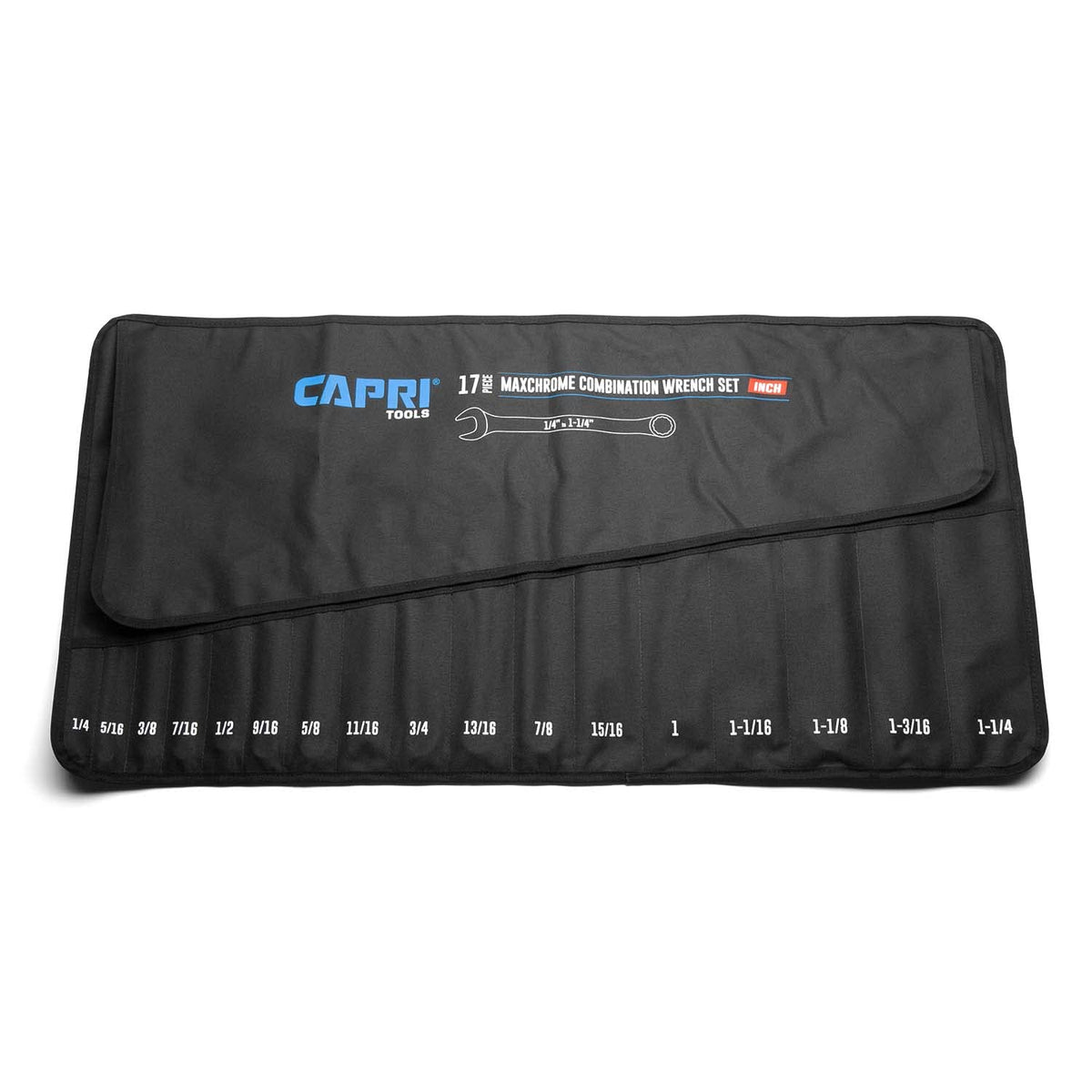 Capri Tools wrench roll-up pouch opened flat showing 17 pockets for organized tools