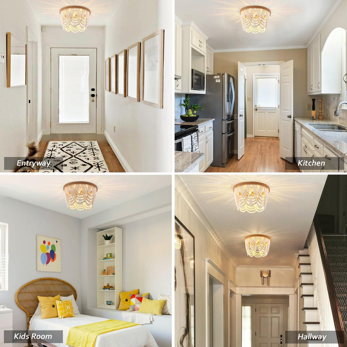 Capslpad hallway wood-bead fixture provides decorative glow at entryways.