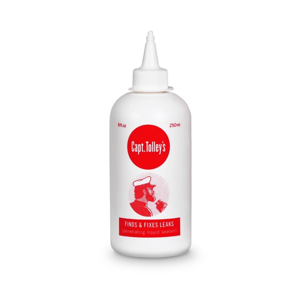 Captain Tolley's Creeping Crack Cure bottle dispensing deeply into cracks for a durable, clear seal.