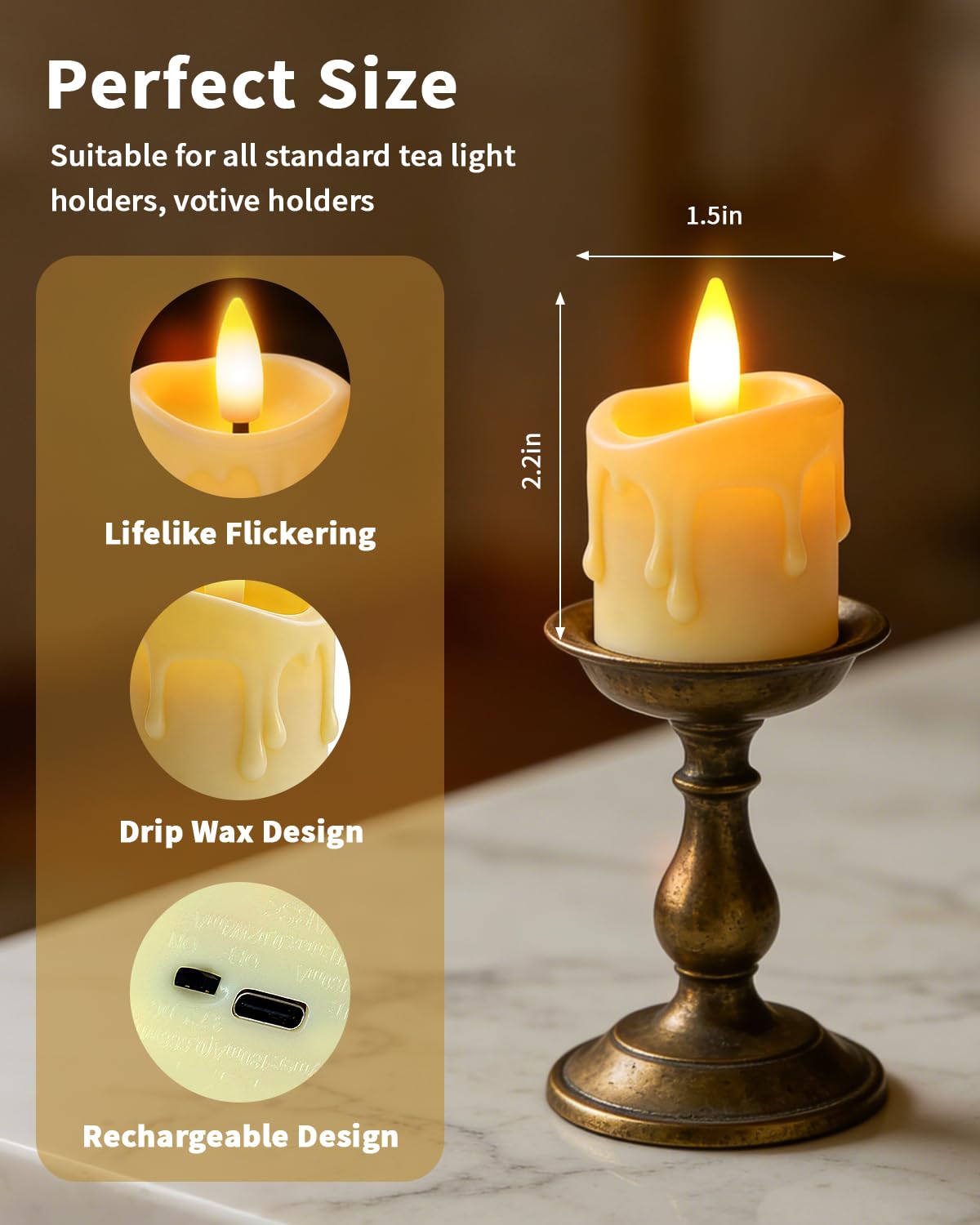 CAQUIRU 12-pack rechargeable tea lights with charger and remote.