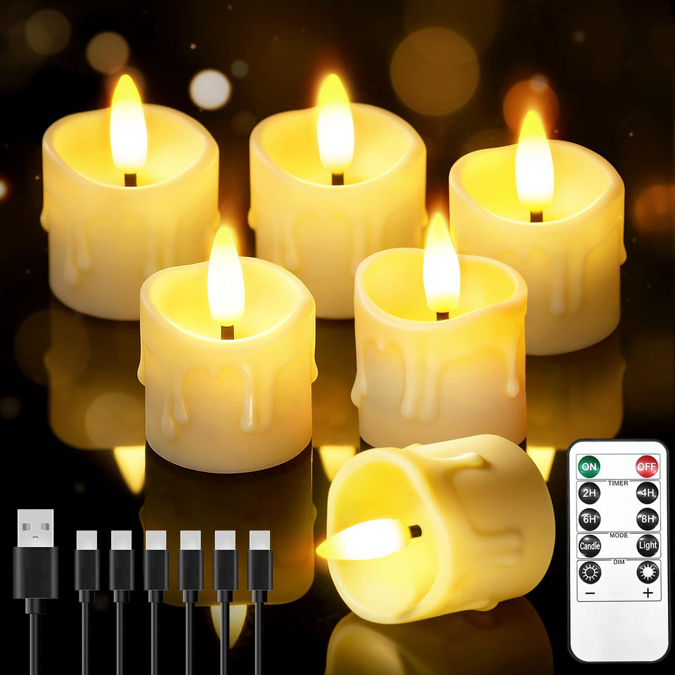 CAQUIRU rechargeable flameless candles arranged on table decor for warm ambiance