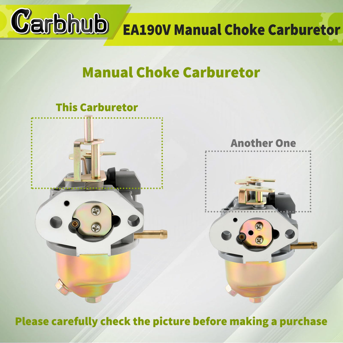 Carbhub EA190V carburetor side view for vertical engine installation.