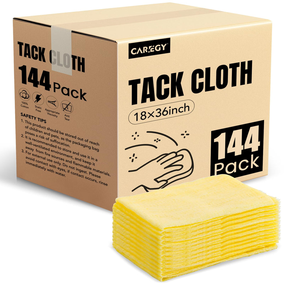 CAREGY 144-piece tack cloth pack close-up for dust-free wood prep before painting