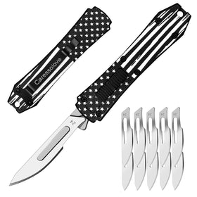 Caressolove auto retractable knife shown with compact body for easy pocket carry.