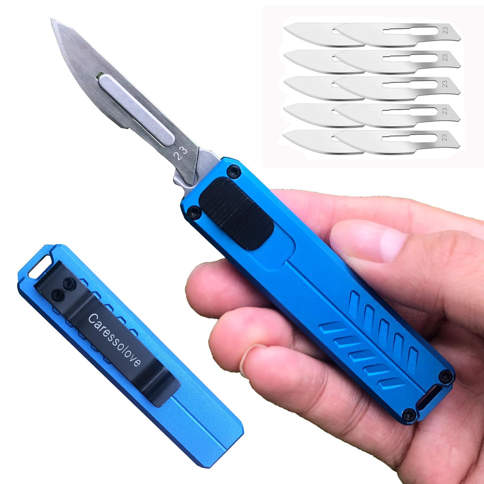 Caressolove automatic knife in blue with clip for safe pocket carry and quick access