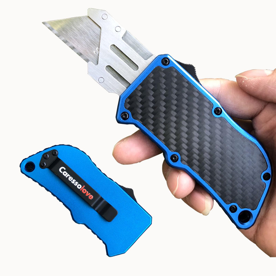 Caressolove automatic knife blue front view shows safe retractable blade