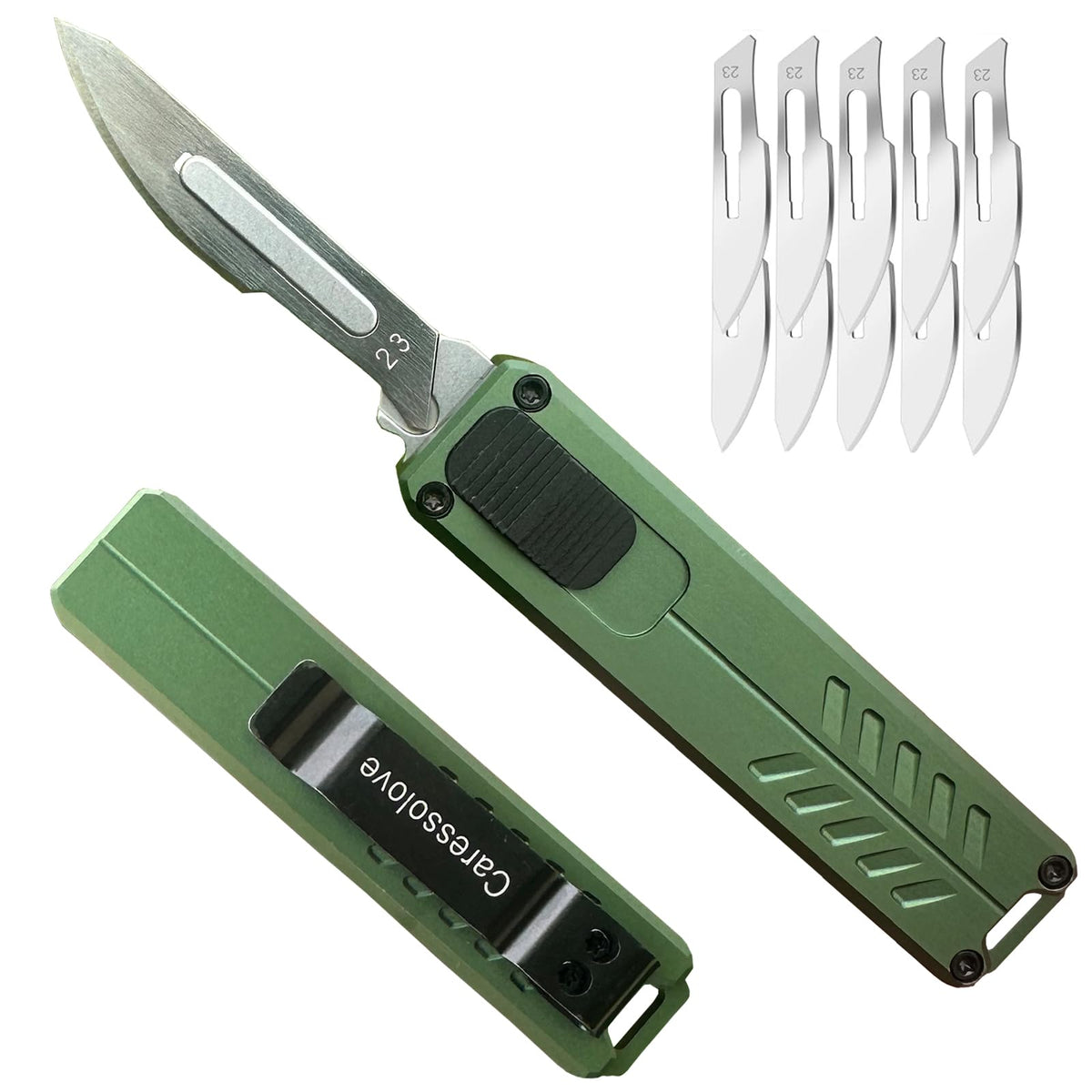 Caressolove automatic knife deploys smoothly with push button for fast, precise cuts.