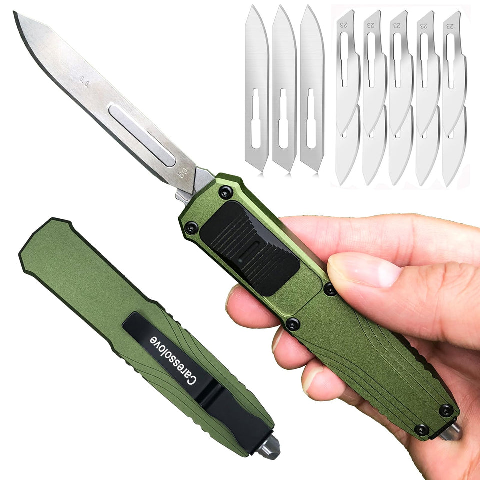 Caressolove automatic knife in hand for quick one-handed opening.