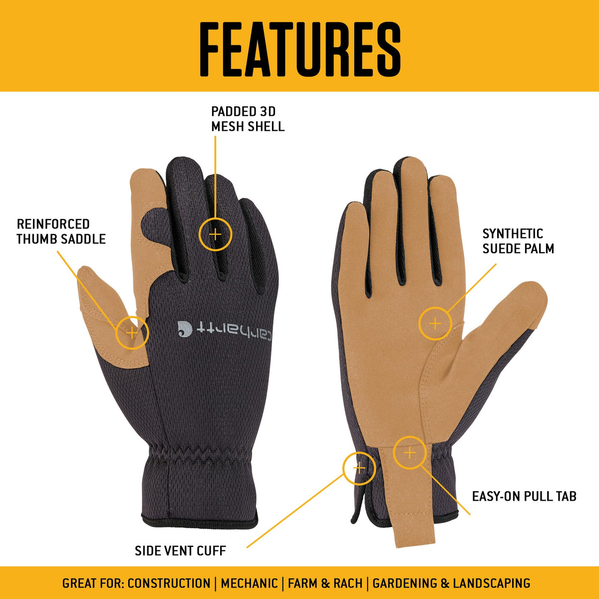 Carhartt glove palm reinforcement for extra durability during demanding tasks.