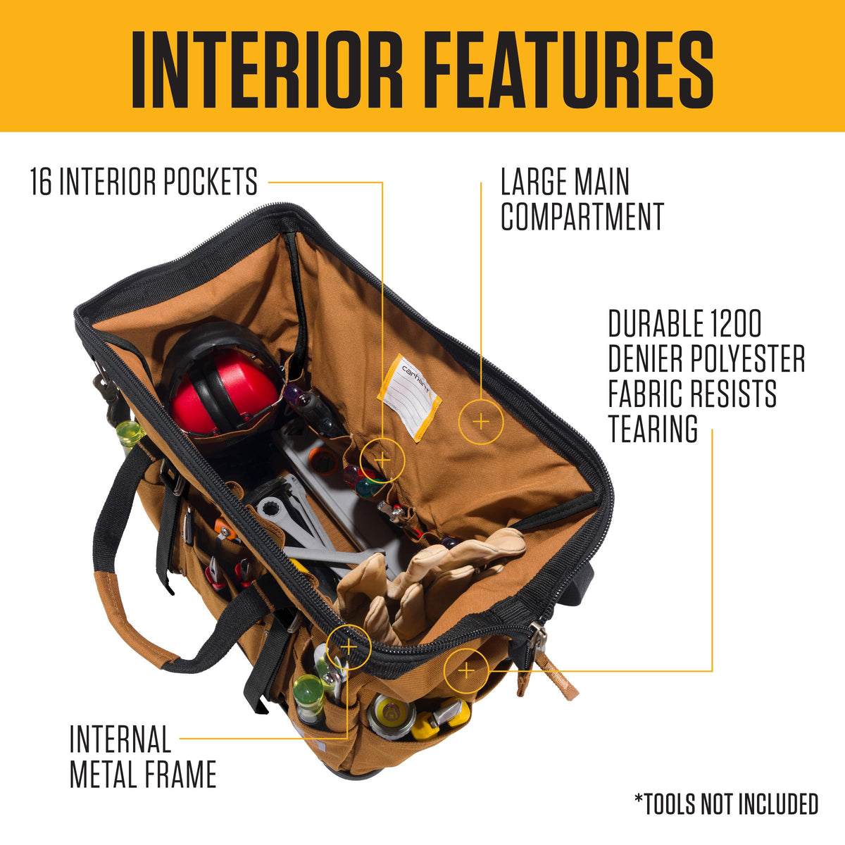 Carhartt Onsite Tool Bag molded-base demonstrates reinforced structure to prevent sagging during use