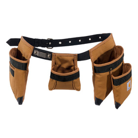Carhartt padded tool belt front view with organized pockets for quick access.
