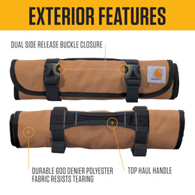 Carhartt utility roll organizer showing 18 pockets for varied tool sizes and quick access