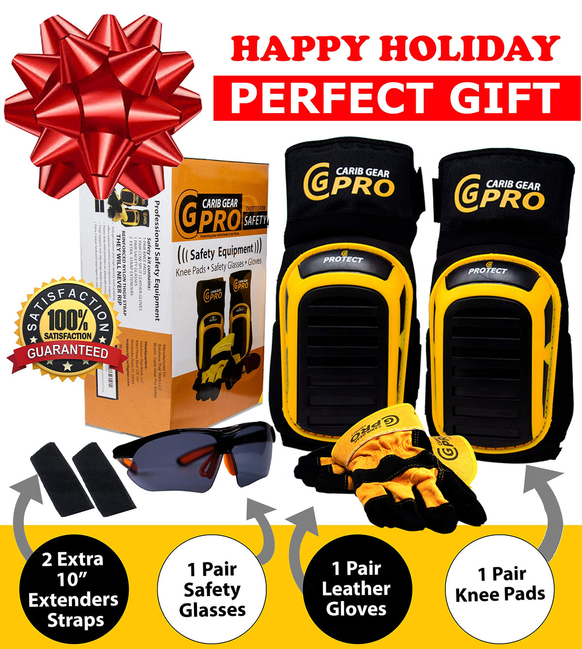 CARIB GEAR PRO complete safety kit includes knee pads, gloves, and glasses.