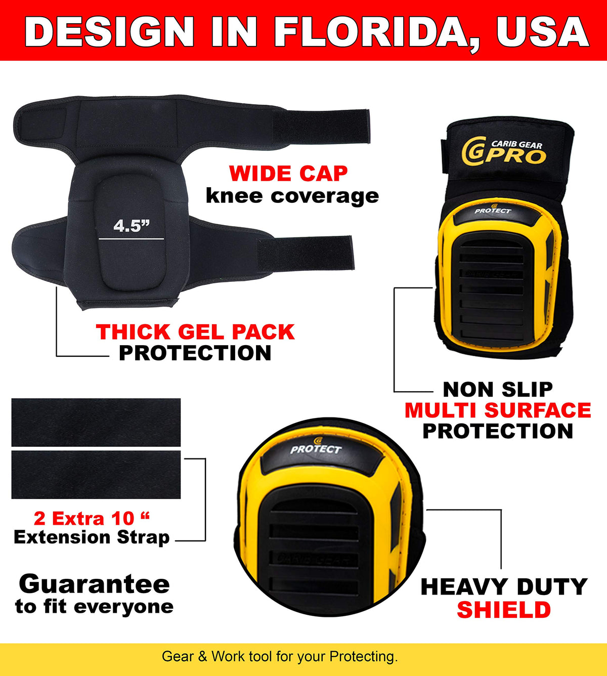 CARIB GEAR PRO knee pads in use on tile flooring for protection.