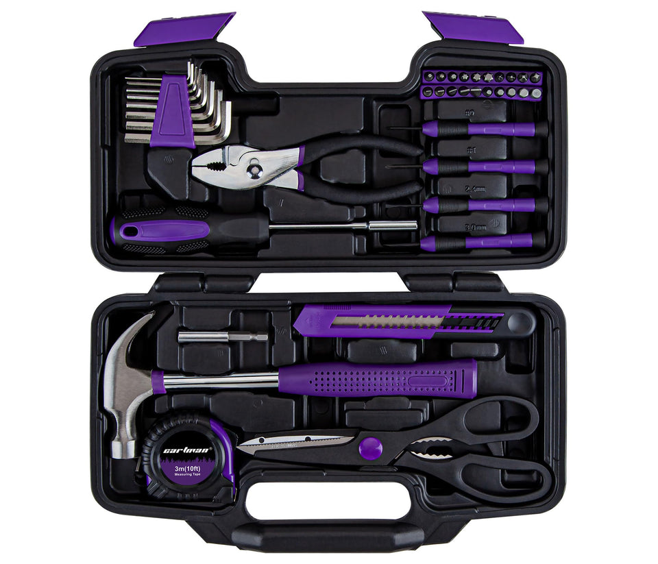 Cartman 39-piece tool set top view with organized plastic case for easy storage