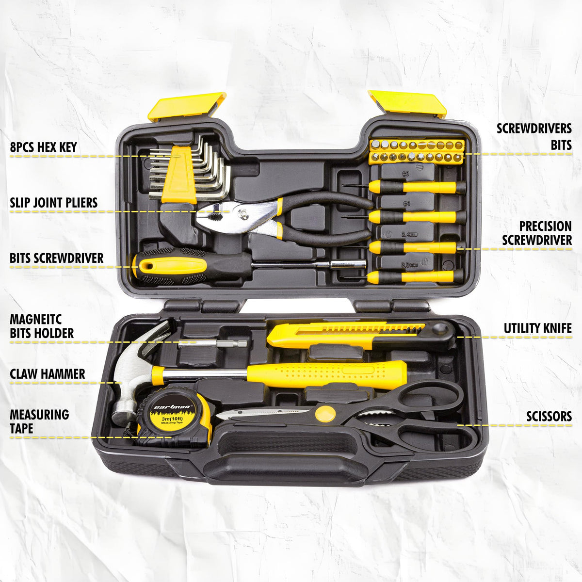 CARTMAN tool kit in yellow case for portable home tasks.