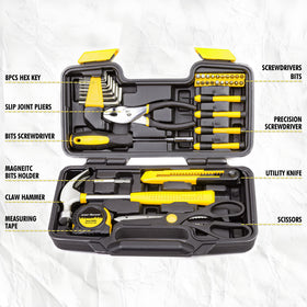 CARTMAN tool kit in yellow case for portable home tasks.