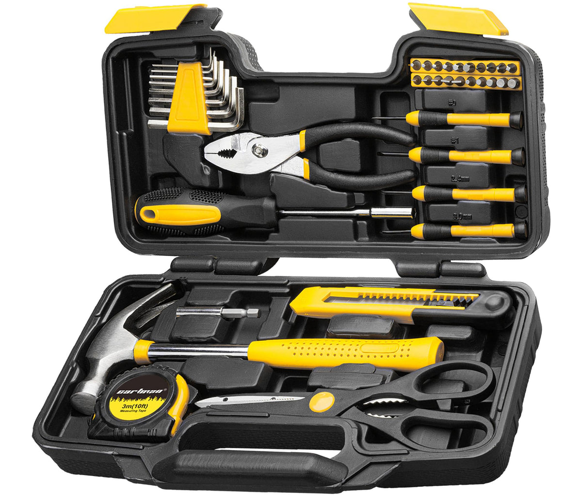 CARTMAN 39-piece tool set case open with organized tools for quick home repairs.
