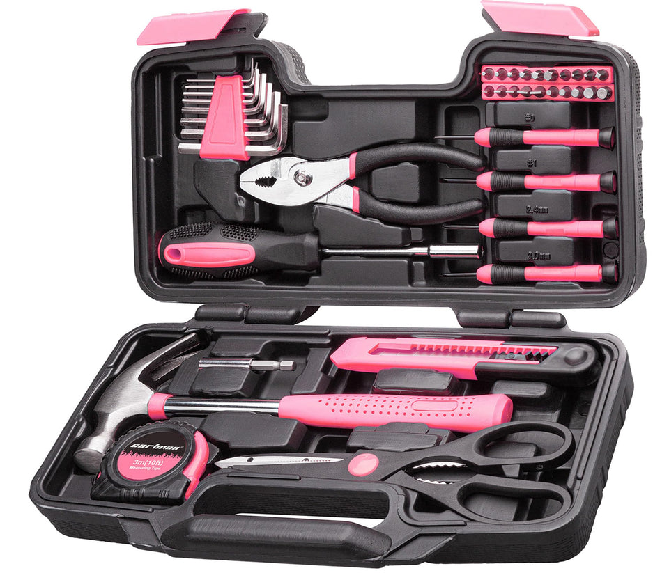 Cartman 39-piece tool set pink toolbox for organized home projects.