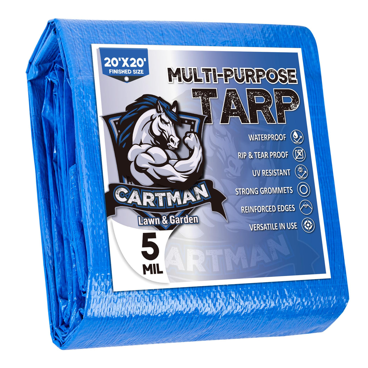 Cartman blue tarp 20x20 laid flat protecting gear from rain