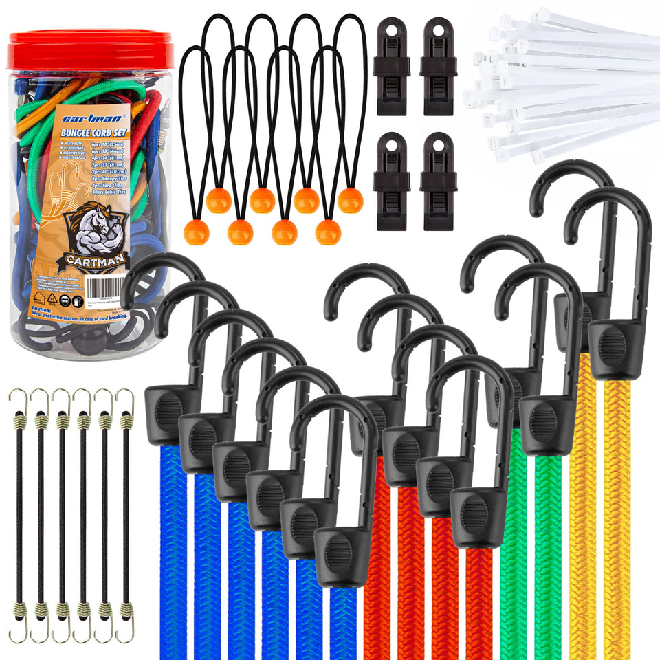 Cartman bungee cords assortment in jar for easy storage and quick access