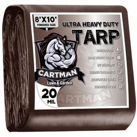 CARTMAN 8x10 brown tarp showing precise finished size for outdoor coverage.