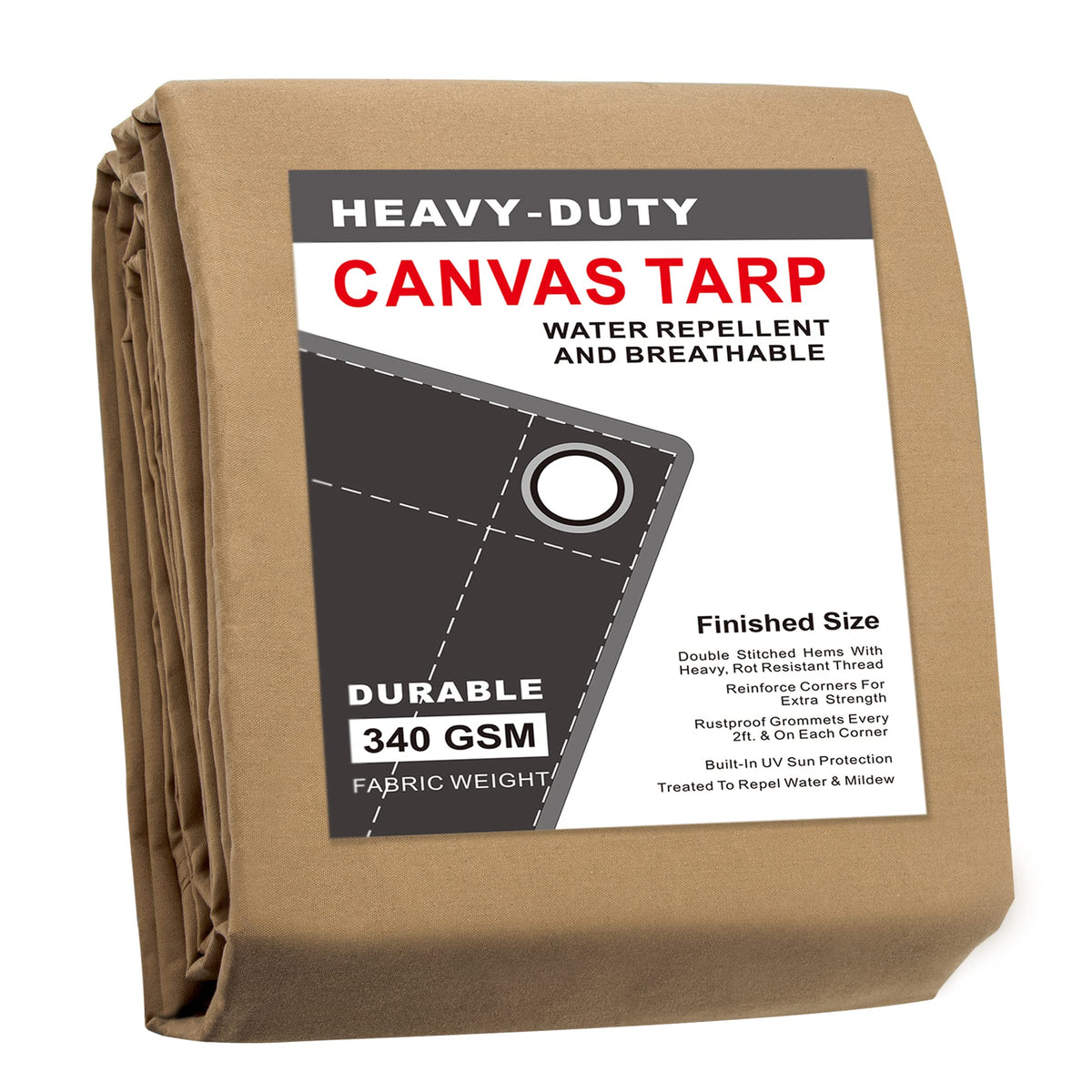 Cartman finished 10x12 tan canvas tarp for versatile outdoor use.