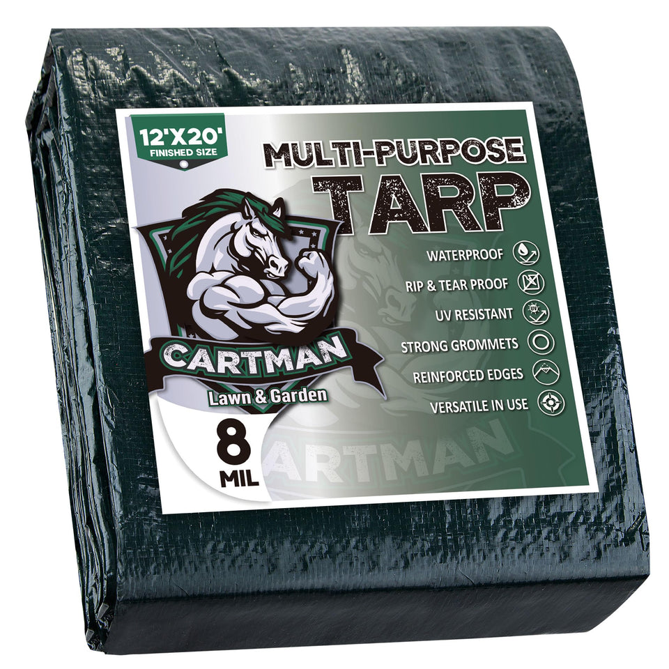 Cartman green tarp 12x20 finished size protects gear during outdoor use.