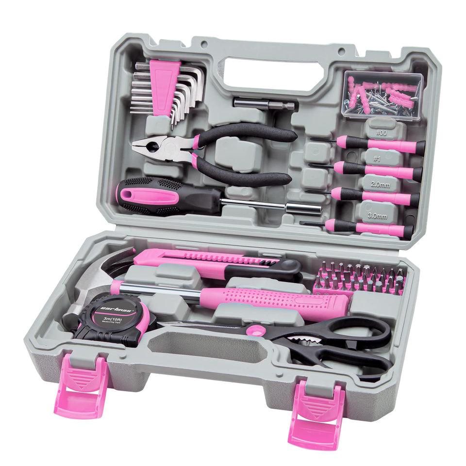 CARTMAN home tool set in light pink with organized storage case for DIY projects.