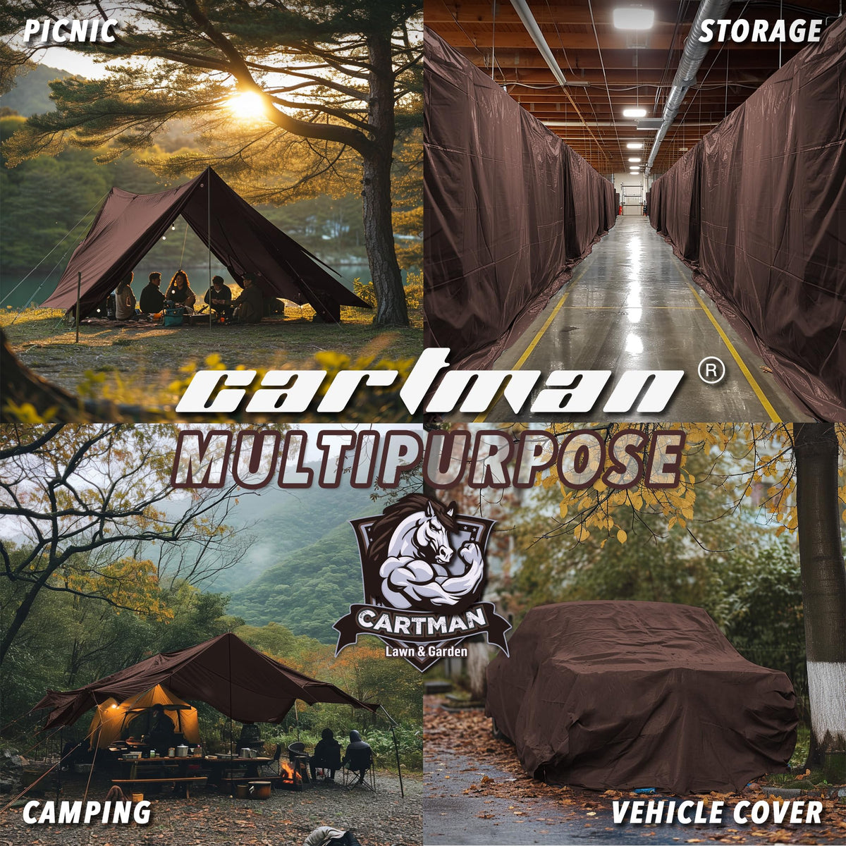 CARTMAN weatherproof tarp shields outdoor furniture and firewood.