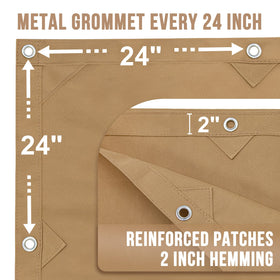 Cartman tarp close-up shows reinforced patches at corners for durability.