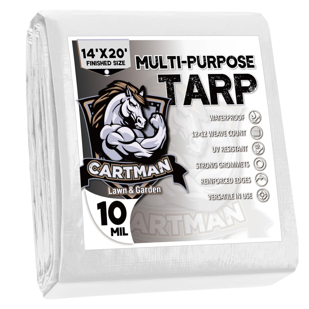 CARTMAN tarp 14x20 front view shows durable, weather-ready protection for outdoor gear.