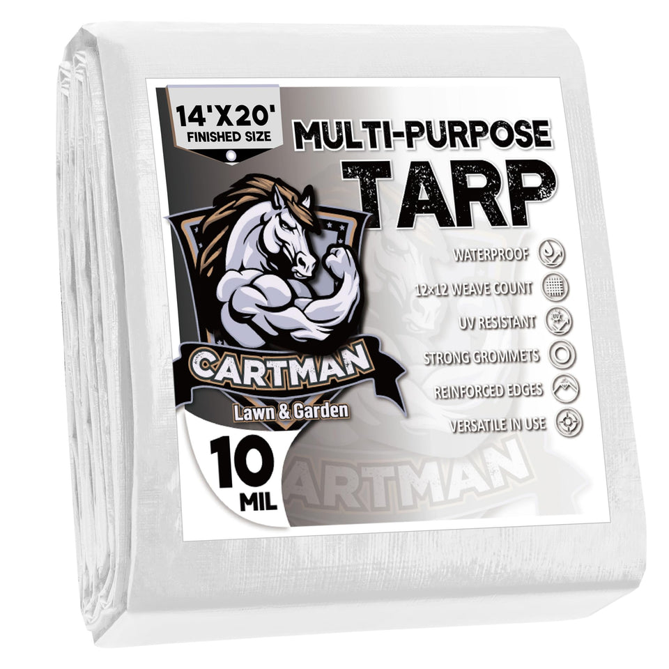 CARTMAN tarp 14x20 front view shows durable, weather-ready protection for outdoor gear.