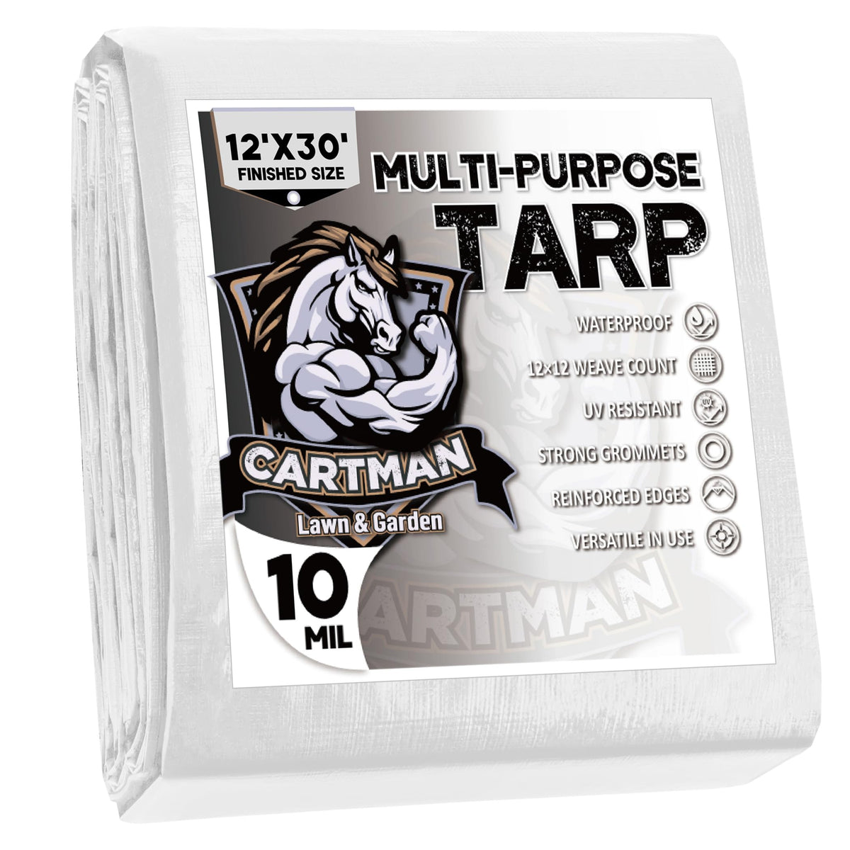 CARTMAN tarp shows finished size 12x30 for precise outdoor coverage.