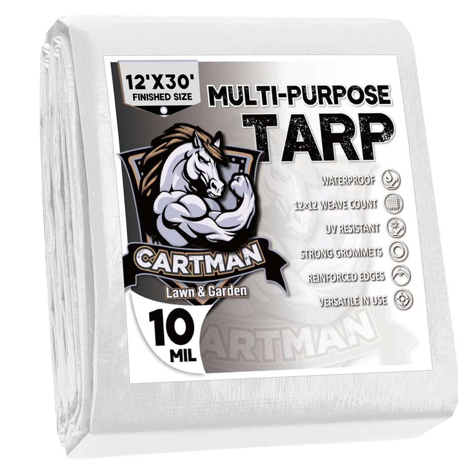 CARTMAN tarp shows finished size 12x30 for precise outdoor coverage.