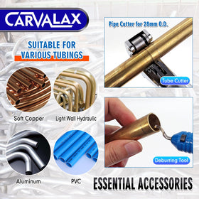CARVALAX tube cutter produces clean, burr-free edges on copper, aluminum, or PVC pipes.