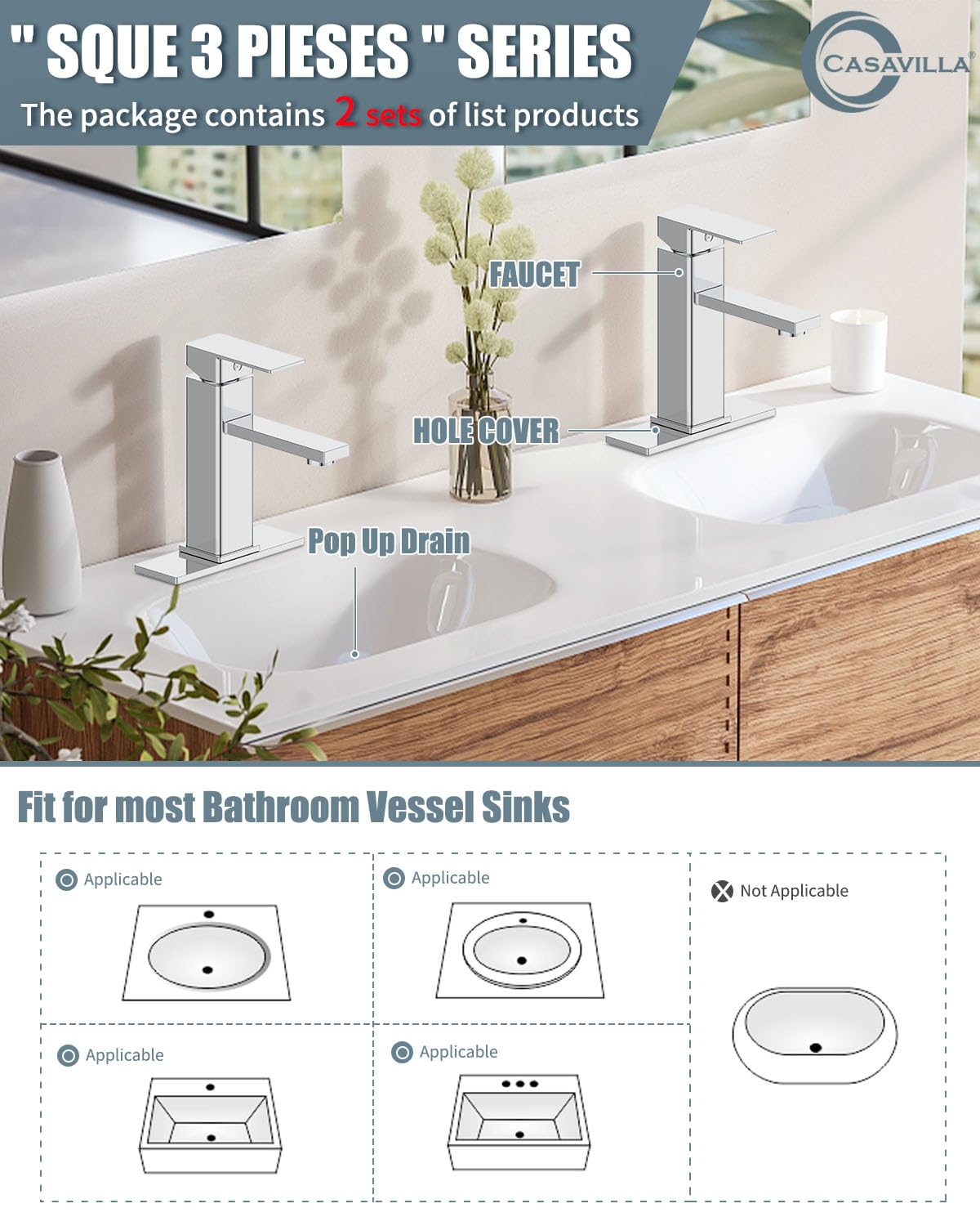 Casavilla deck plate included for seamless 3-hole installation and cohesive look.