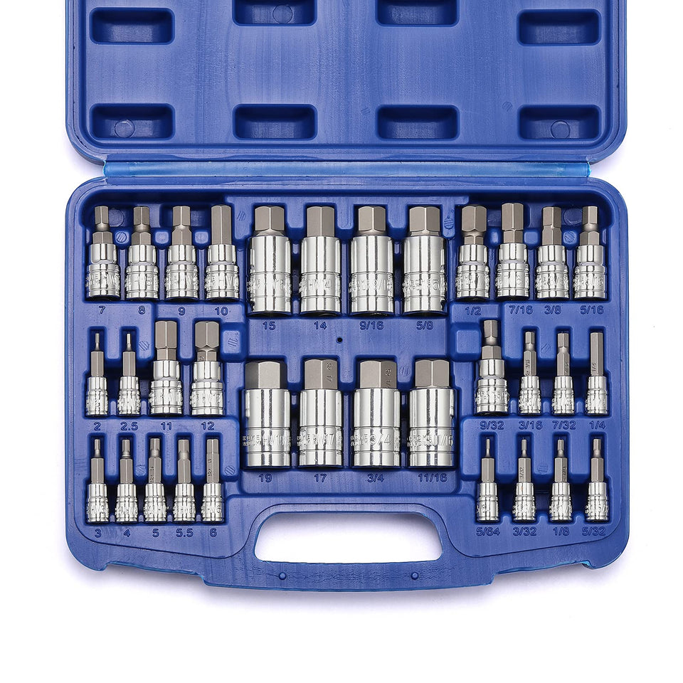 CASOMAN 33-piece hex bit socket set in a sturdy case for easy transport