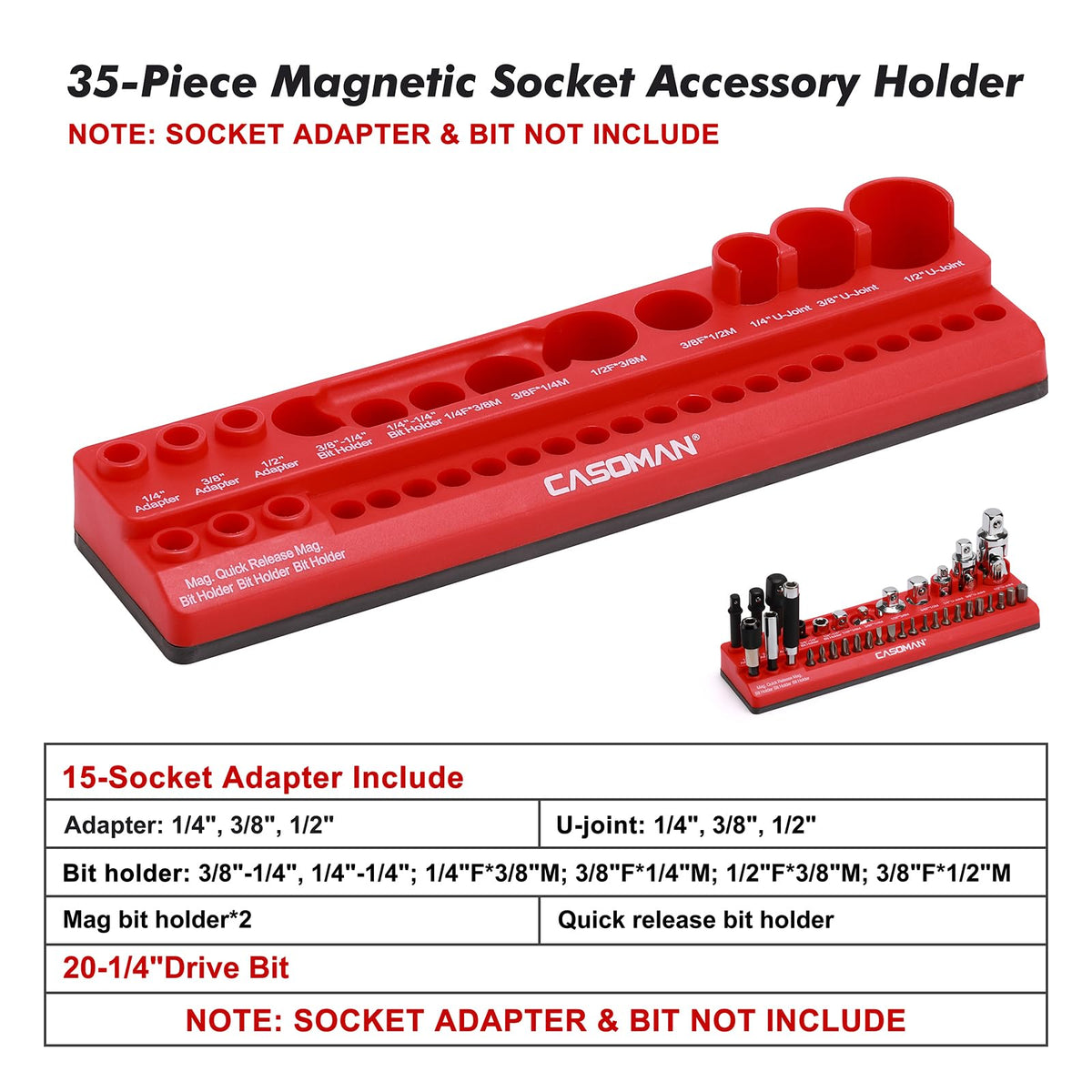 CASOMAN magnetic socket holder side view displaying labeled adapters for easy selection
