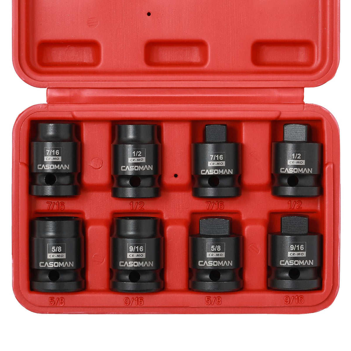 Casoman 8-piece half-inch drive pipe plug set shown for versatile tightening in tight spaces.