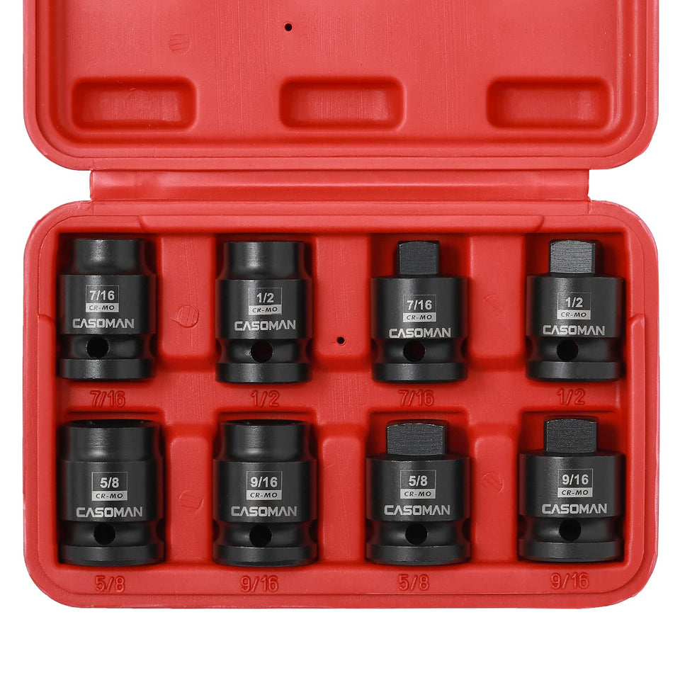 Casoman 8-piece half-inch drive pipe plug set shown for versatile tightening in tight spaces.