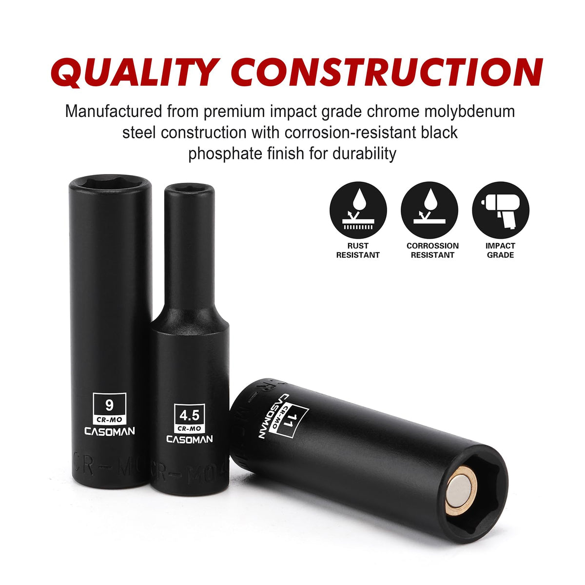 CASOMAN black phosphate finish on sockets offers corrosion resistance