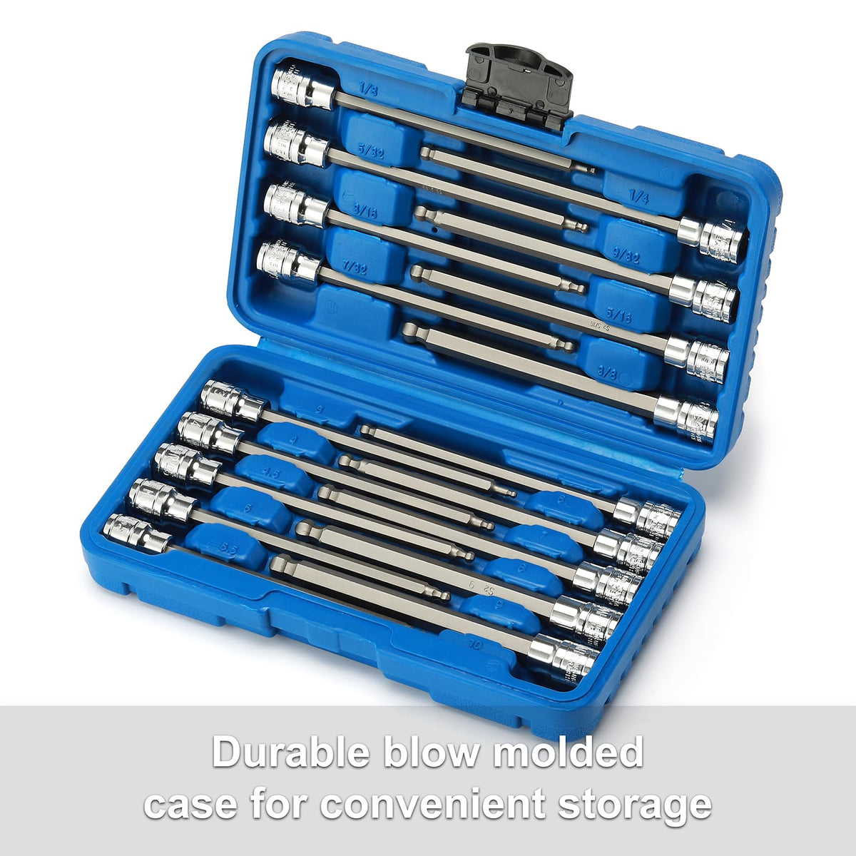 Heavy-duty blow-molded case keeps the set organized