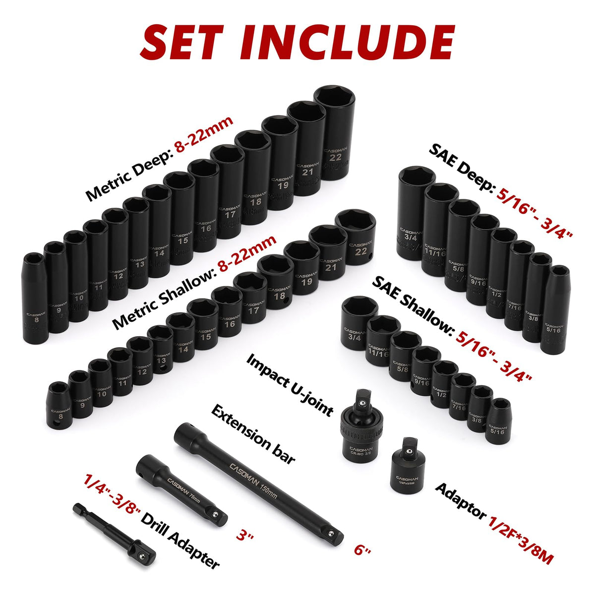 CASOMAN deep 6-point sockets with laser-etched sizes for quick identification.